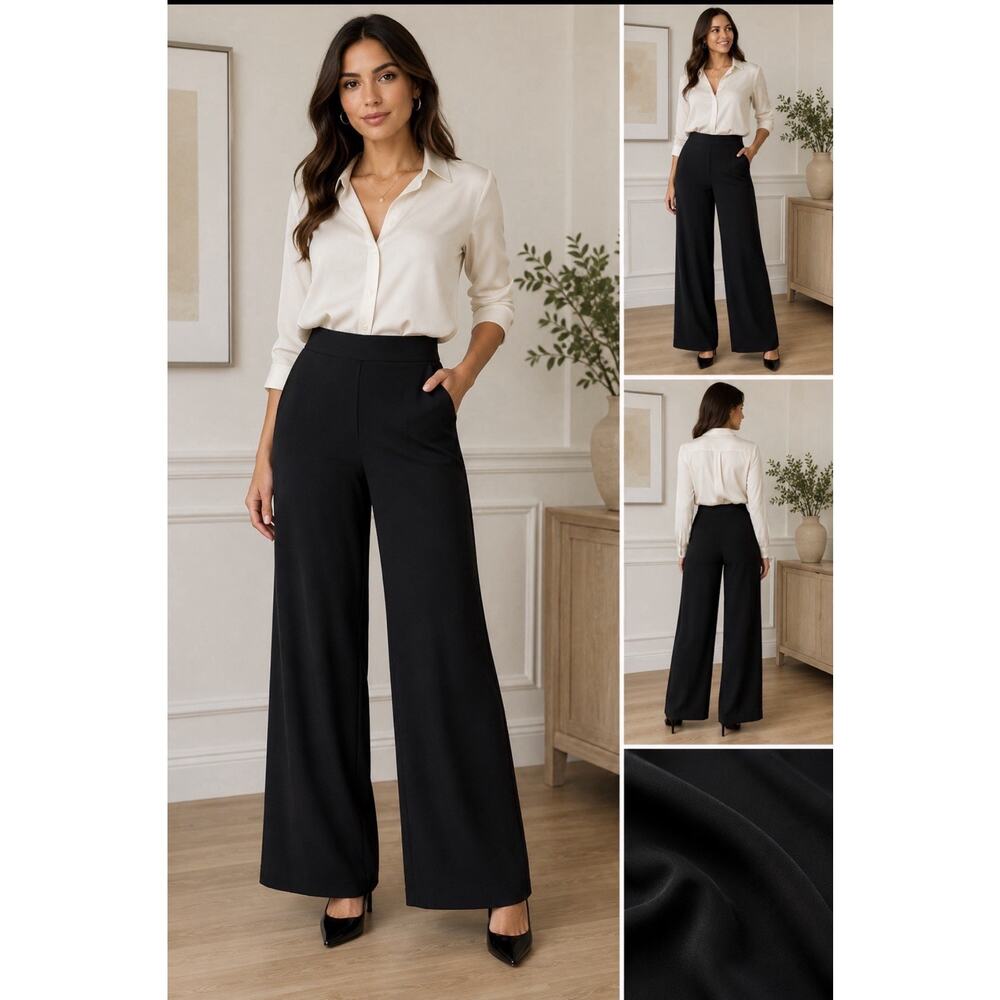 H&M Wide Leg Palazzo Pants Womens 2 Black High Rise Career Office Dress Slacks
